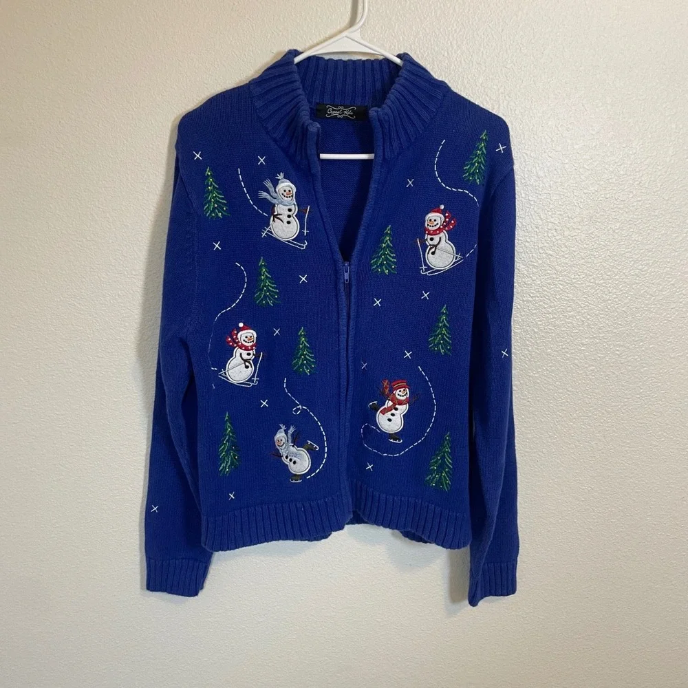 Crystal Kobe Women's M Blue Snowman Christmas Zip Up Sweater Jacket  Embroidered